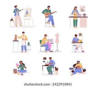 People handicraft hobbies. minimalistic cartoon characters collection, art and craft people, professionals creative persons, drawing handmade manufacturing pottery. vector cartoon flat characters set.