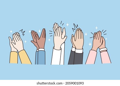 People hands applaud thank speaker or trainer for presentation. Excited audience clap after concert or performance. Acknowledgement, triumph, ovation concept. Flat vector illustration. 
