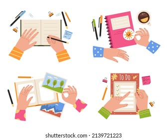 People hands arms whriting in notebook concept. Vector flat cartoon design element illustration set