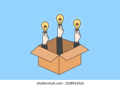 People hands from cardboard package hold lightbulbs. Think outside of box. Businesspeople or employees brainstorm generate new creative business idea. Teamwork concept. Vector illustration. 