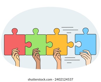 People hands with colorful jigsaw puzzles connect pieces together. Colleagues engaged in teambuilding activity. Teamwork concept. Vector illustration.