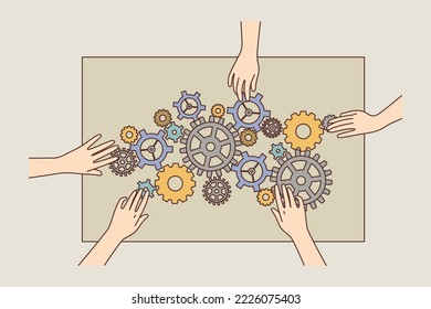 Las manos de la gente conectan las ruedas cognitivas comprometidas con el trabajo en equipo. Empleados con mecanismos de engranajes que buscan una solución de problemas empresariales. Ilustración vectorial. 