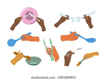 People hands cooking and eating close up vector illustrations set. Palms using kitchenware such as fork and knife, spoons, tongs, spatula and skimmer flat style drawings collection. Isolated