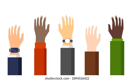 People hands of different nationalities raised up. Various skin color, gender. United culture and ethnic groups. Asian, arab, african, american, europian arm. Teamwork concept. Vector illustration.