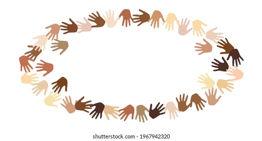 People hands of different skin color vector illustration. Crowd concept. Cosmopolite company hand signs isolated. Skin color identity background.