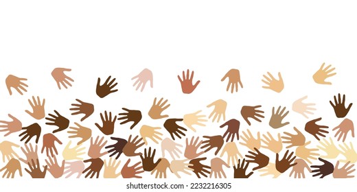 People hands of different skin color silhouettes. Voting concept. Multinational community hand icons isolated. Skin color identity pattern.