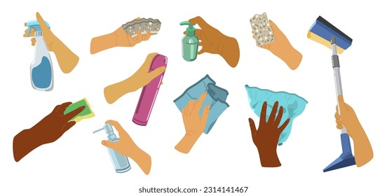 People hands doing house cleaning routine close up vector illustrations set. Palms with mop, polish spray, sponge and cleaning cloth soap agent flat style drawings collection. Isolated