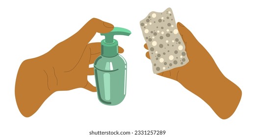 People hands doing house cleaning routine close up vector illustration. Left handed palms with cleaning sponge and soap dispenser spray bottle flat style drawing. Isolated