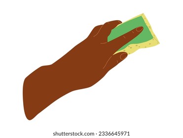 People hands doing house cleaning routine close up vector illustration. Left handed palm with cleaning sponge flat style drawing. Isolated