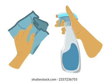 People hands doing house cleaning routine close up vector illustration. Palms with cleaning spray bottle and cloth rag flat style drawing. Isolated