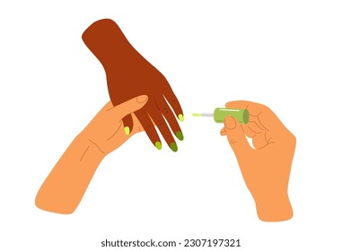La gente hace maniobras cerrando las ilustraciones vectoriales. Palmas aplicando la colección de dibujos planos de pintura de uñas. Aislado