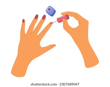 La gente hace maniobras cerrando las ilustraciones vectoriales. Palmas aplicando la colección de dibujos planos de pintura de uñas. Aislado