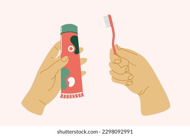 People hands doing morning routine close up vector illustrations set. Palms with toothpaste and toothbrush flat style drawings collection. Isolated