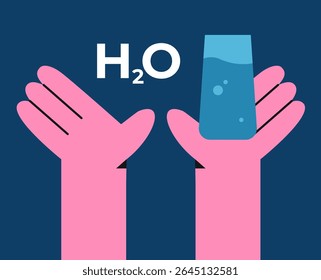 People hands and drinking clean fresh water. Healthy hydration with pure water liquid. Characters with glass. Flat vector illustration on white background.