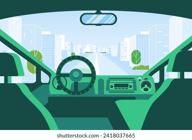 People Hands driving a car on the modern city road dashboard interior view town