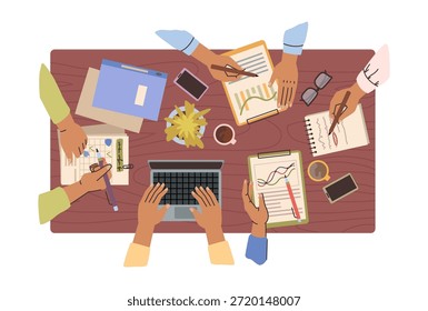 Personas las manos durante el proceso de lluvia de ideas, trabajo o educación, vista superior. Equipo aislado del Vector con la documentación y el ordenador portátil, discutiendo las preguntas estratégicas para el desarrollo del trabajo del grupo
