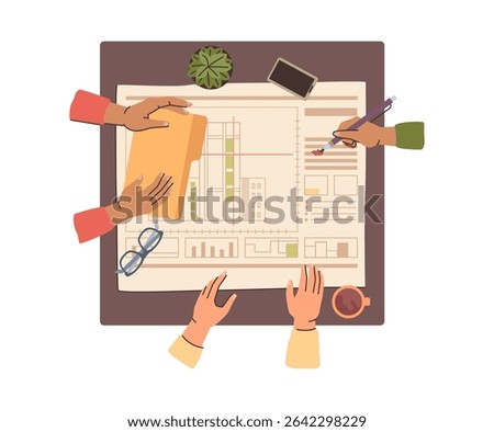 People hands during brainstorming, work or education process, sitting square desk top view. Vector team with documentation, pen and folder, discussing strategic questions for group job development