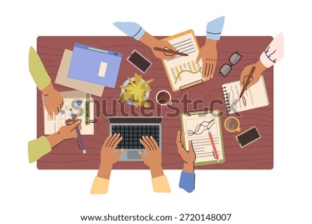 People hands during brainstorming, work or education process, top view. Vector isolated team with documentation and laptop, discussing strategic questions for group job development