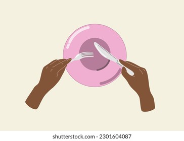 People hands eating close up vector illustration. Palms using fork and knife on a plate flat style drawing. Isolated