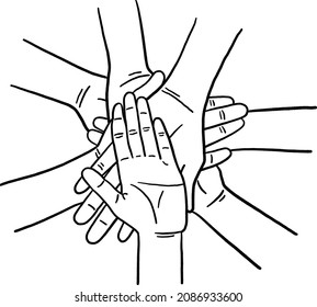 People Hands Friends stack hands together Teamwork Unity concept Hand drawn line vector illustration