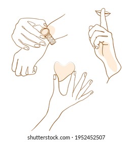 People hands, gestures denoting silence, time gesture, love gesture, sketch style, vector line art illustration, print, poster, minimalism, wedding invitation concept