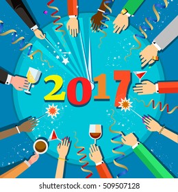 People hands and a glasses in their hands, top view. People of different nationalities celebrate the New Year, holiday attributes,Vector flat illustration. Christmas celebration 2017