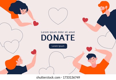 People Hands with hearts for charity donation. social care and charity concept. Volunteering illustration. perfect for banner, landing page template for web and app development