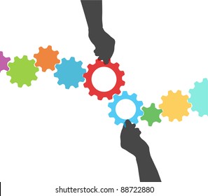 People hands hold colorful gears to mesh two lines of tech project management