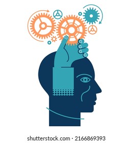 People hands hold gears. Business start up concept. Symbol of association and connection. The idea of interaction at work. Human head silhouette.