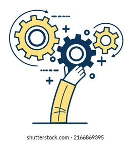 People hands hold gears. Business start up concept. Symbol of association and connection. The idea of interaction at work.