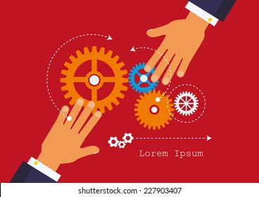 People hands hold gears. Business start up concept.