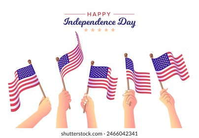 People Hands holding American flags celebrating Independence Day. Patriots waving flags of America. Vector illustration. 