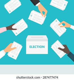 People hands holding ballot paper and putting them into ballot box. Elections and voting illustration