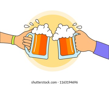 People hands holding beer cheering and celebrating. Linear style vector illustration. Celebration banner with beer colliding and spilling out with foam. 