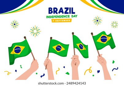 People hands holding Brazil flags celebrating Independence Day. Patriots waving flags of Brazil. Vector illustration.