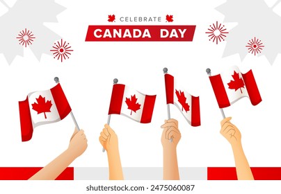 Manos de Personas sosteniendo banderas de Canadá celebrando el Día de Canadá. Patriotas ondeando banderas de Canadá. Ilustración vectorial.