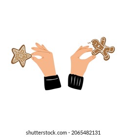 People hands holding a christmas a gingerbread man and star. Two hands poses isolated on a white background. Hands gestures good for cards and invitations, for social media. Vector illustration