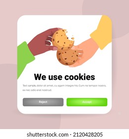 people hands holding cookie protection of personal information internet web pop up we use cookies policy notification