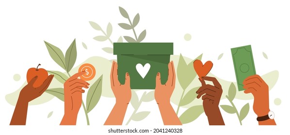People hands holding donation box and donating money for charity. Volunteers collecting and putting coins in donation box. Charity financial support concept. Flat cartoon vector illustration.
