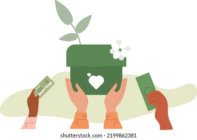 People hands holding donation box and donating money for charity.vector illustration.
