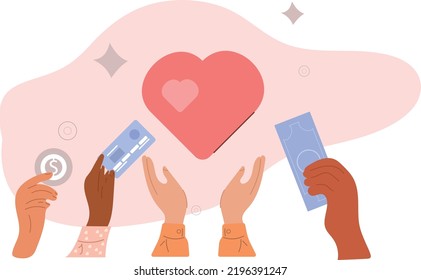 People Hands Holding Donation Money For Charity. Volunteers Collecting Charitable Donations. Charity Financial Support Concept. Flat Cartoon Vector Illustration.