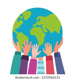 People hands holding earth planet in flat design on white background.