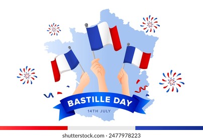 People hands holding France flags celebrating Bastille Day. Patriots waving flags of France. French National day vector illustration with fireworks and confetti.