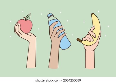 People hands holding fruit and water follow healthy lifestyle. Close up diverse men women recommend good eating nutrition habits for keeping fit. Diet, wellness concept. Flat vector illustration. 