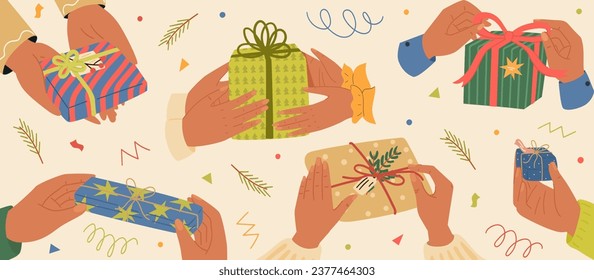 People hands holding or giving Christmas gifts box festive packaging