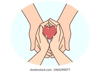 People hands holding heart. Man and woman have love symbol in palms show affection and care. Relationships and gratitude. Vector illustration.