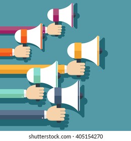 People hands holding megaphones. Business flat vector illustration.