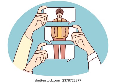 People hands holding message bubbles make comments about person looks. Anonymous commentary judgements and sharing negative opinions online. Vector illustration.