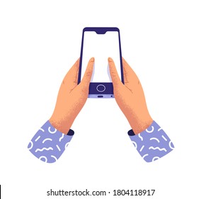 People hands holding mobile phone on isolated white background. Young man or woman typing on smartphone touch screen. Empty cellphone display for custom text, blank copy space telephone template.