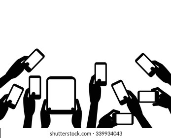 People hands holding mobile phones background